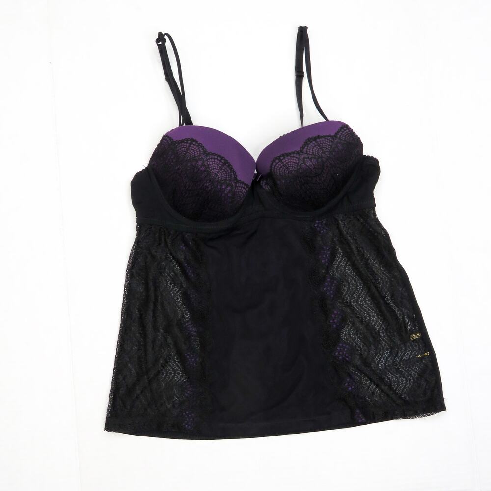 Jolinesse 1990s Vintage Sexy Purple and Black Lace Lingerie Top 34B